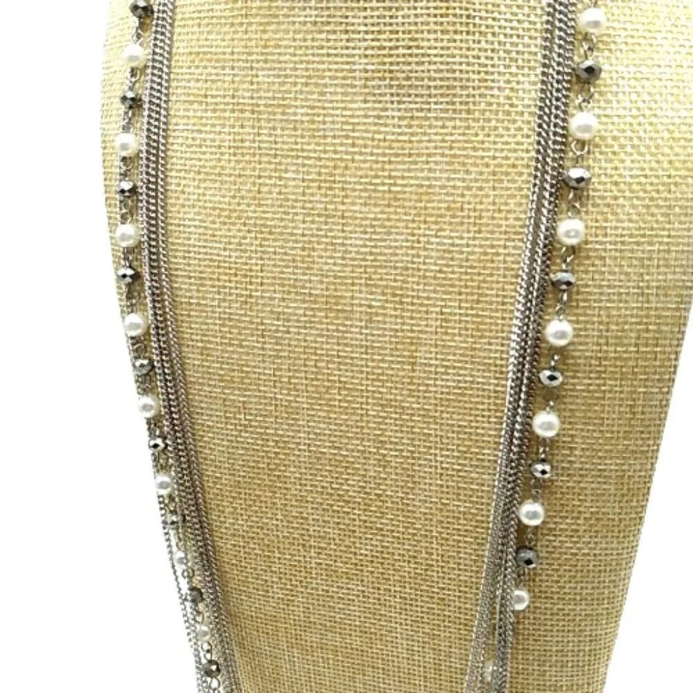 Faux Pearl Crystal Necklace Beaded Multi-Strand Layered Tassel Silver-tone Chain